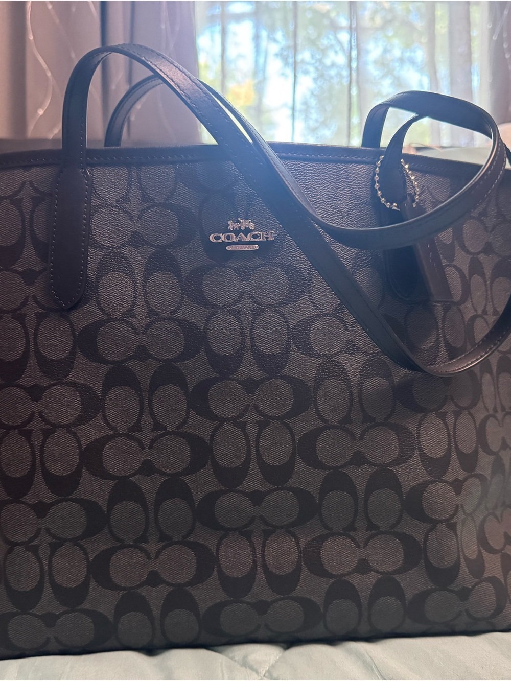 Coach Dark Brown Signature Canvas Tote with Black Trim